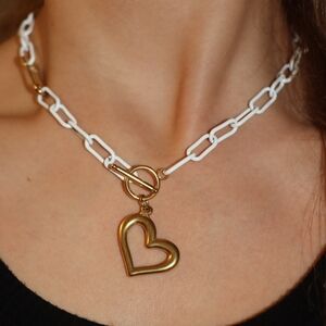 Gold Heart Pendant on White Chain Necklace